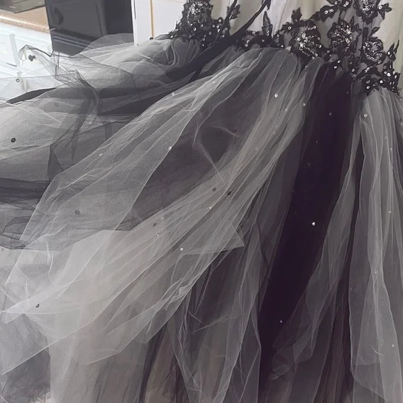 Mori Lee Black and White prom quinceañera Dress sz 9/10 tool lace sequins beauty - Picture 10 of 17